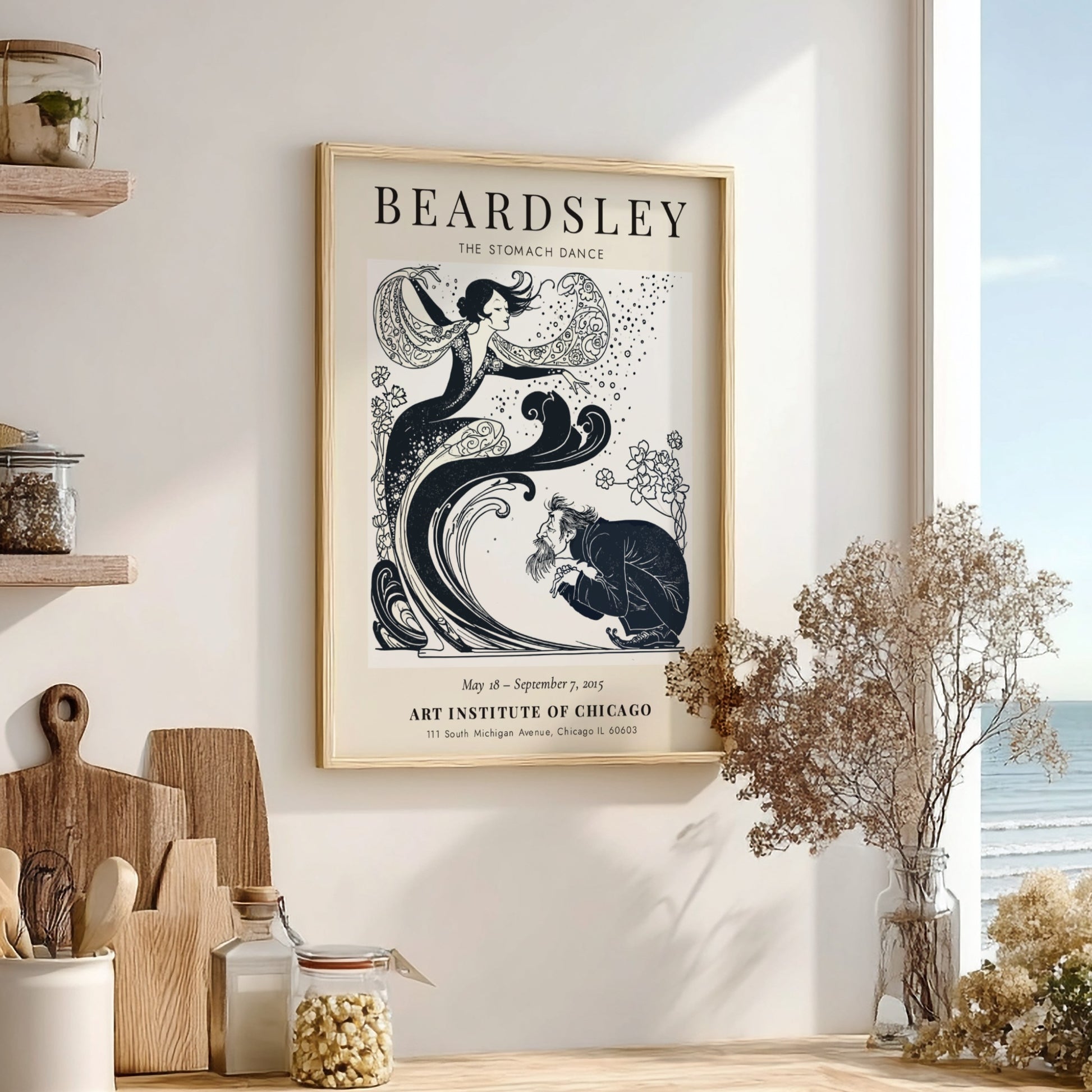 Aubrey Beardsley poster featuring The Stomach Dance with intricate black-and-white design and floral elements