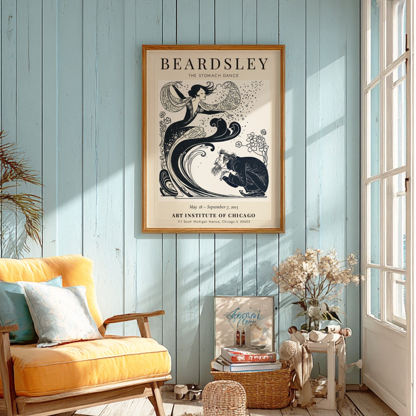 Aubrey Beardsley poster featuring The Stomach Dance with intricate black-and-white design and floral elements