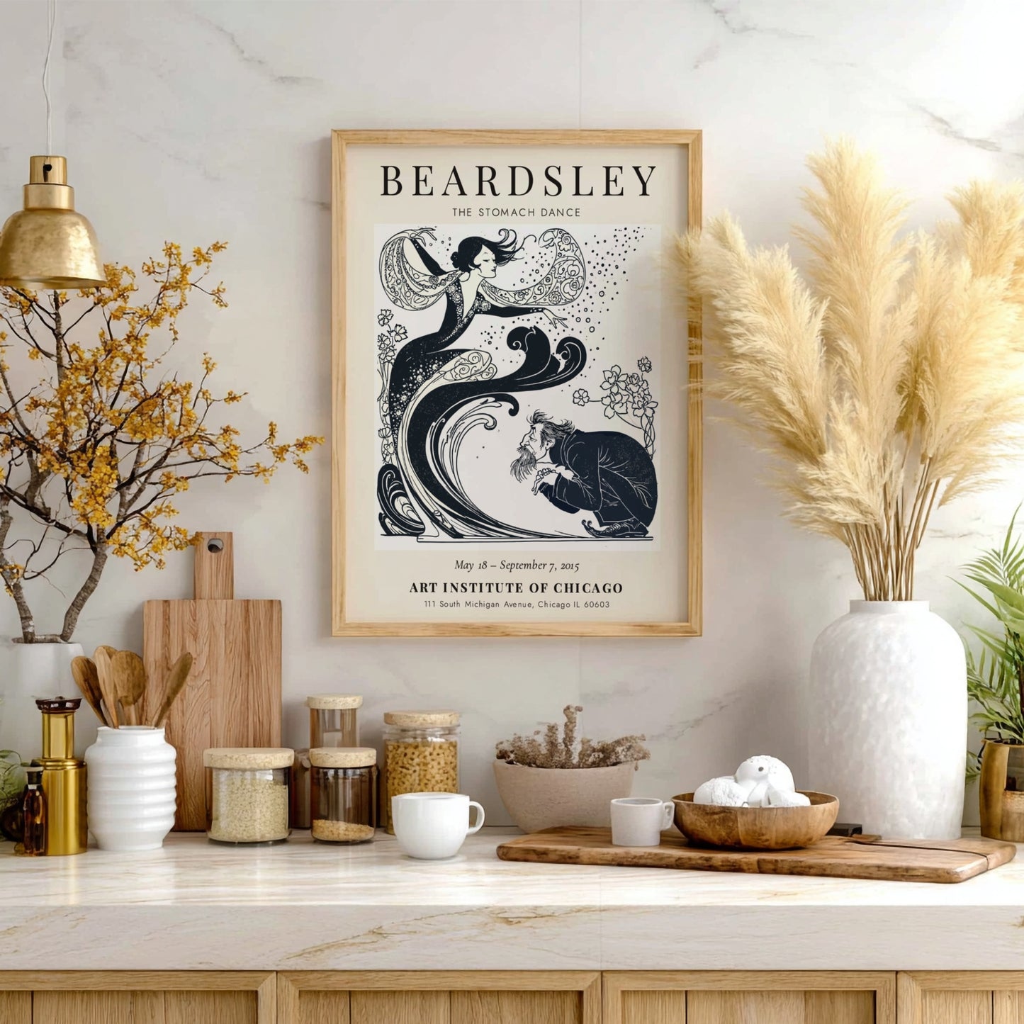Aubrey Beardsley poster featuring The Stomach Dance with intricate black-and-white design and floral elements