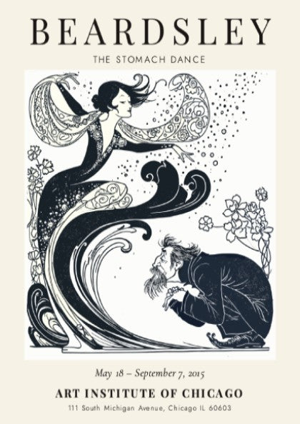 Aubrey Beardsley poster featuring The Stomach Dance with intricate black-and-white design and floral elements