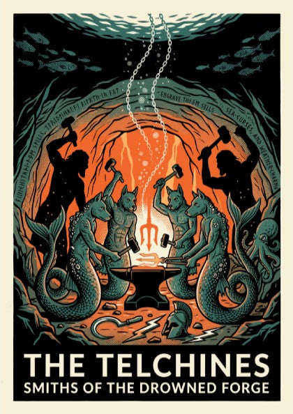 The Telchines poster featuring mythical sea smiths in a drowned forge, Greek mythology art, dark fantasy