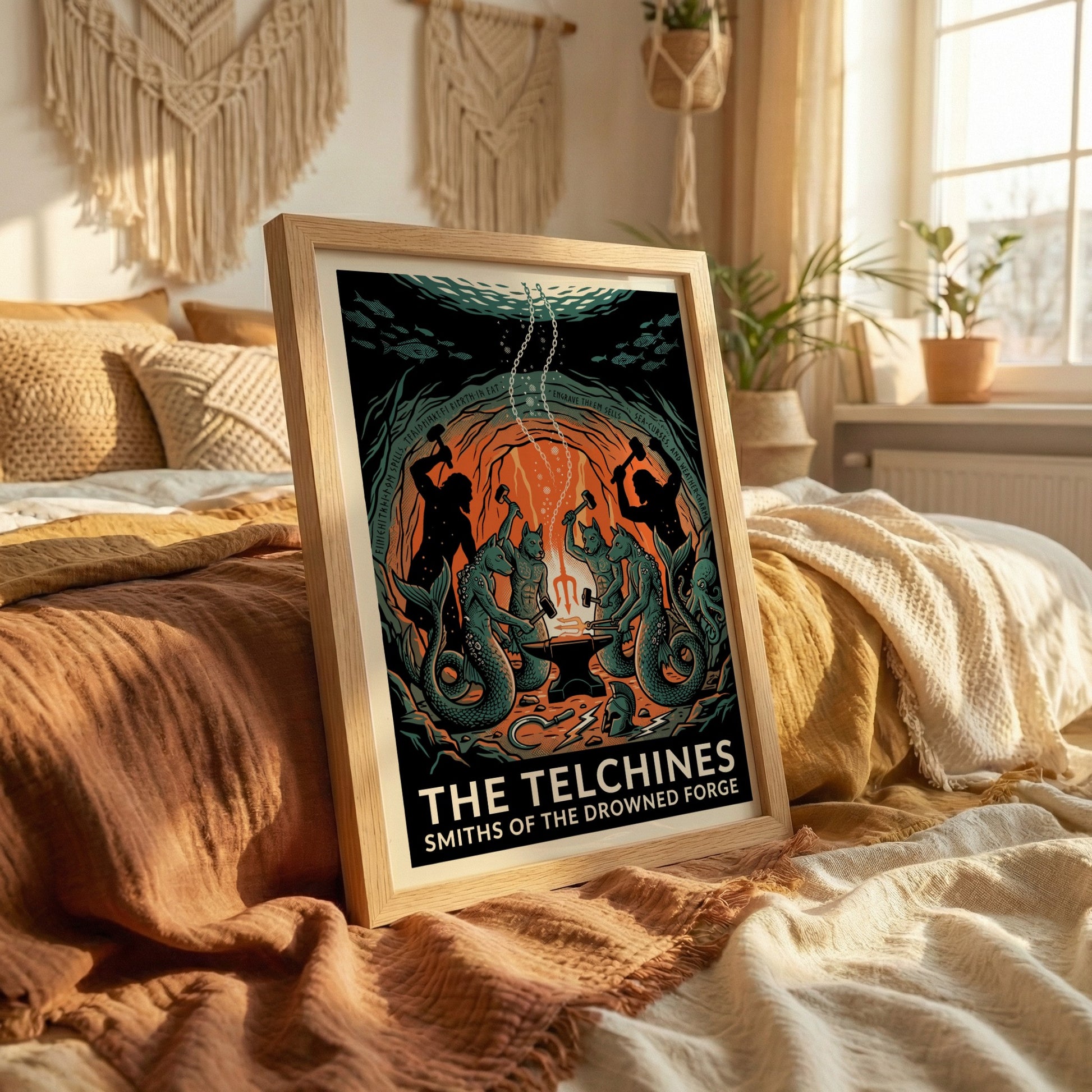 The Telchines poster featuring mythical sea smiths in a drowned forge, Greek mythology art, dark fantasy