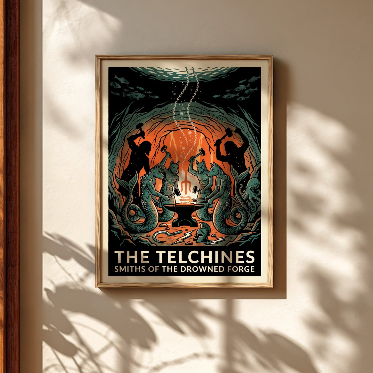 The Telchines poster featuring mythical sea smiths in a drowned forge, Greek mythology art, dark fantasy