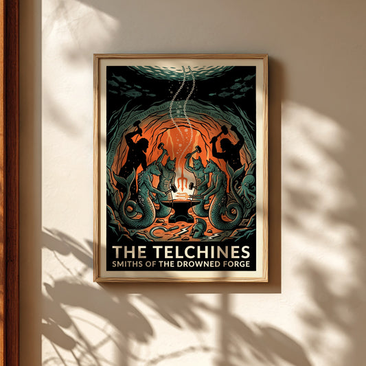 The Telchines poster featuring mythical sea smiths in a drowned forge, Greek mythology art, dark fantasy
