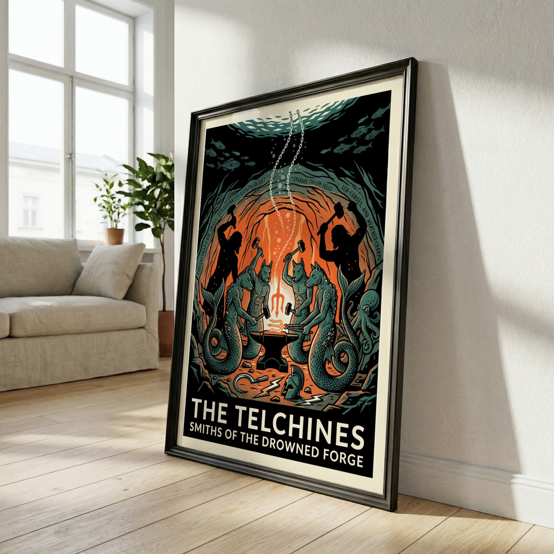 The Telchines poster featuring mythical sea smiths in a drowned forge, Greek mythology art, dark fantasy