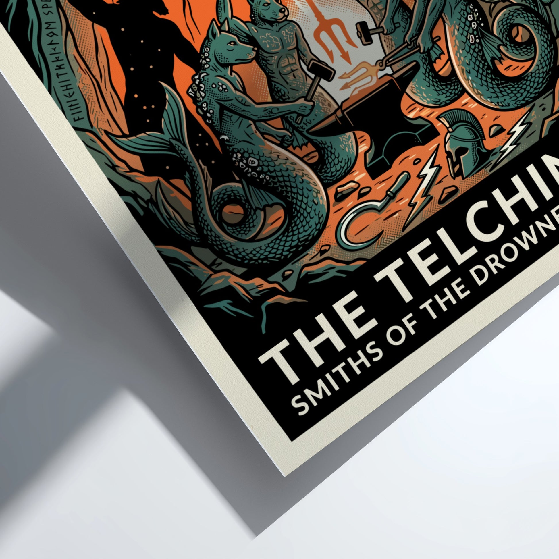 The Telchines poster featuring mythical sea smiths in a drowned forge, Greek mythology art, dark fantasy
