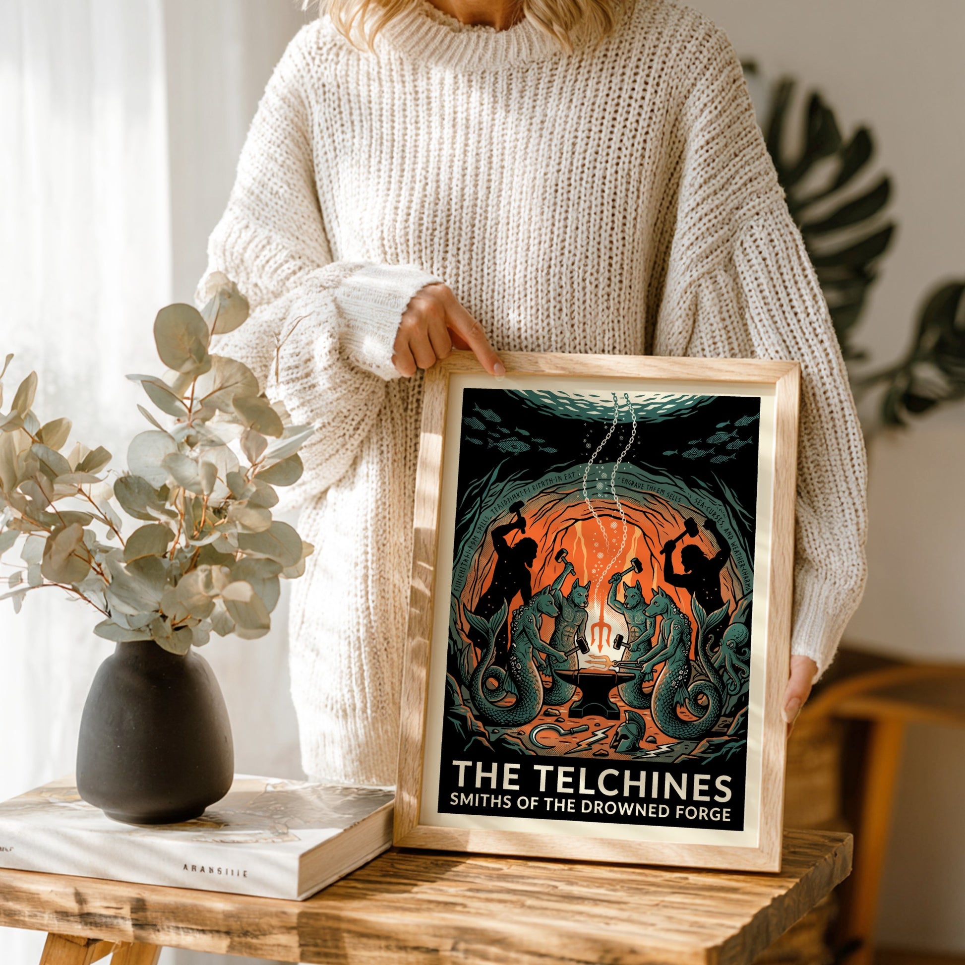 The Telchines poster featuring mythical sea smiths in a drowned forge, Greek mythology art, dark fantasy