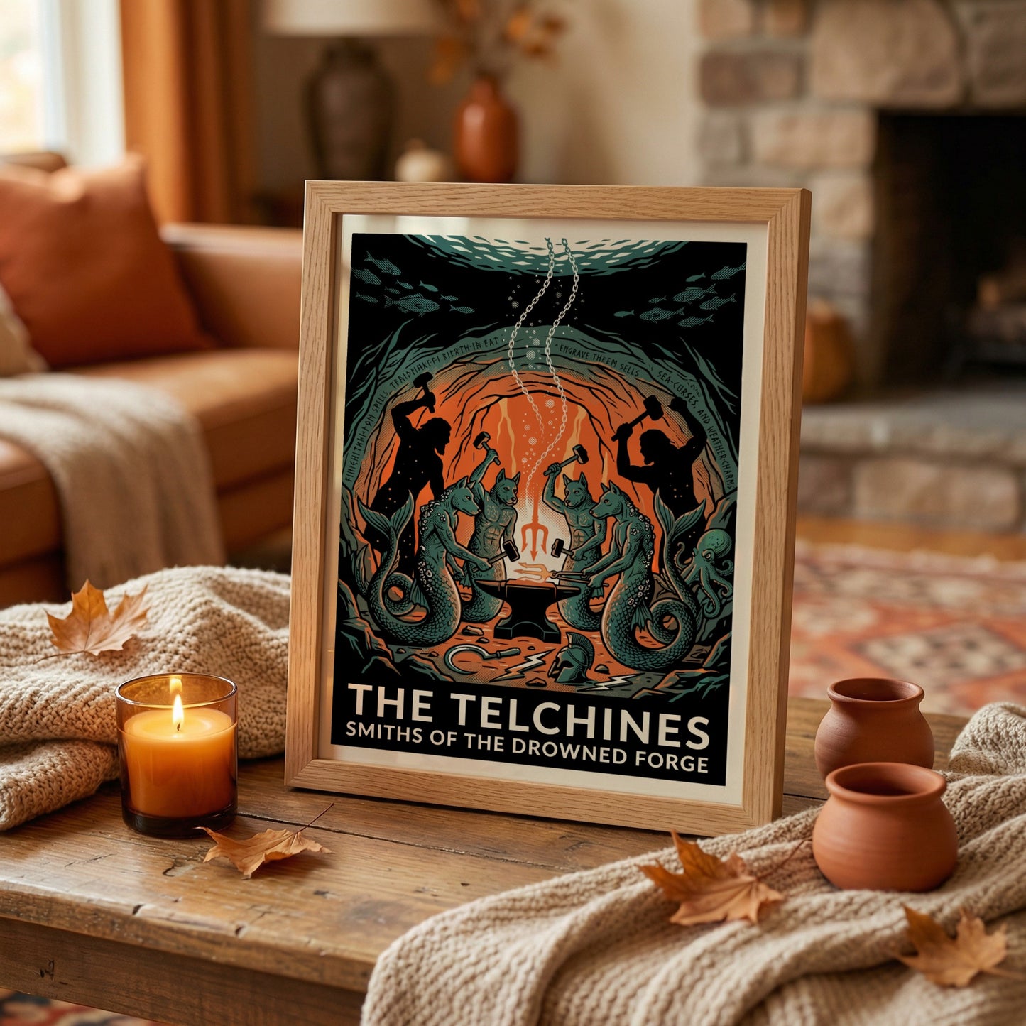 The Telchines poster featuring mythical sea smiths in a drowned forge, Greek mythology art, dark fantasy