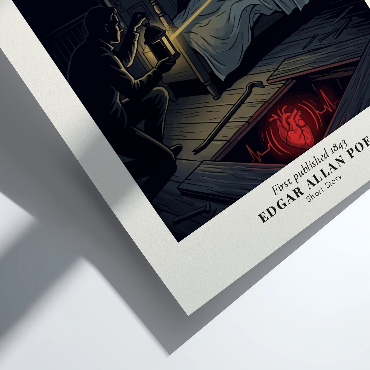 Poster featuring The Tell-Tale Heart illustration with a glowing heart and dark bedroom scene.