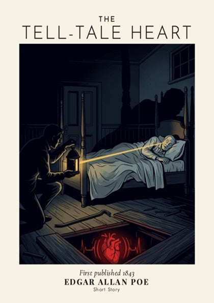 Poster featuring The Tell-Tale Heart illustration with a glowing heart and dark bedroom scene.