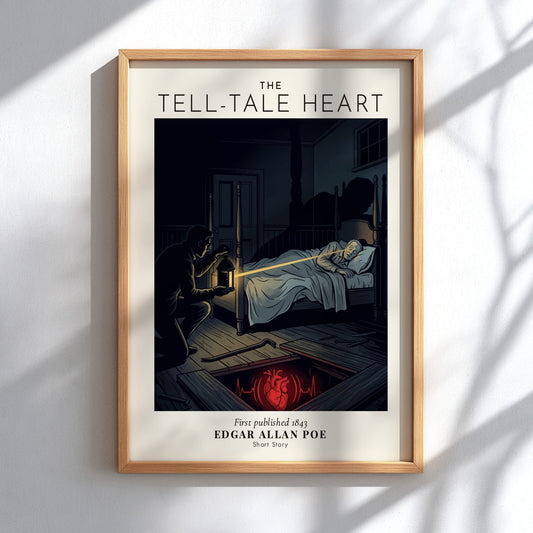 Poster featuring The Tell-Tale Heart illustration with a glowing heart and dark bedroom scene.