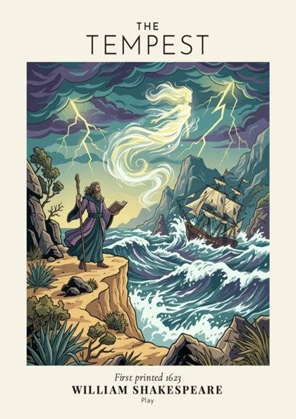 Poster featuring Prospero on a cliff with a spirit amidst a stormy sea scene