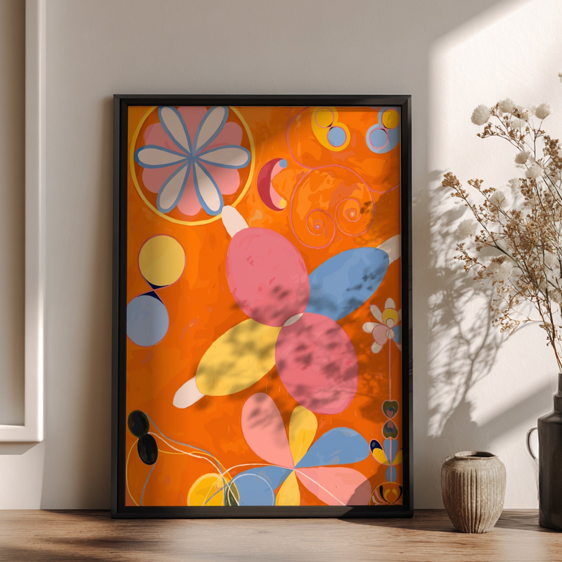 Poster of Hilma af Klint's "The Ten Largest, No. 4, Youth" featuring abstract organic shapes in pink, yellow,