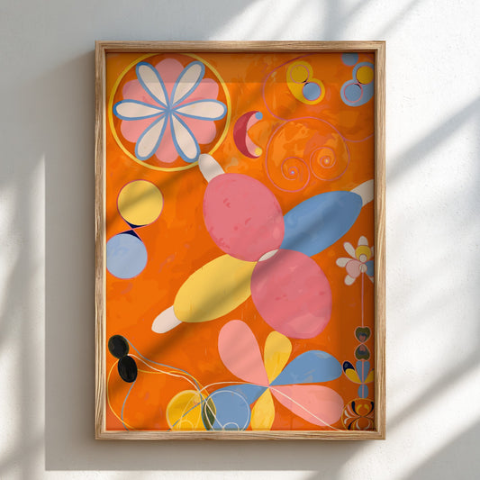 Poster of Hilma af Klint's "The Ten Largest, No. 4, Youth" featuring abstract organic shapes in pink, yellow,