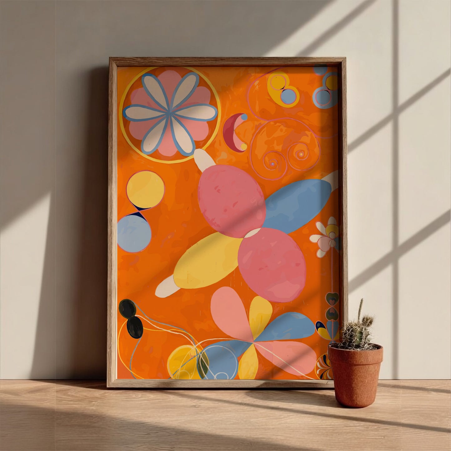 Poster of Hilma af Klint's "The Ten Largest, No. 4, Youth" featuring abstract organic shapes in pink, yellow,
