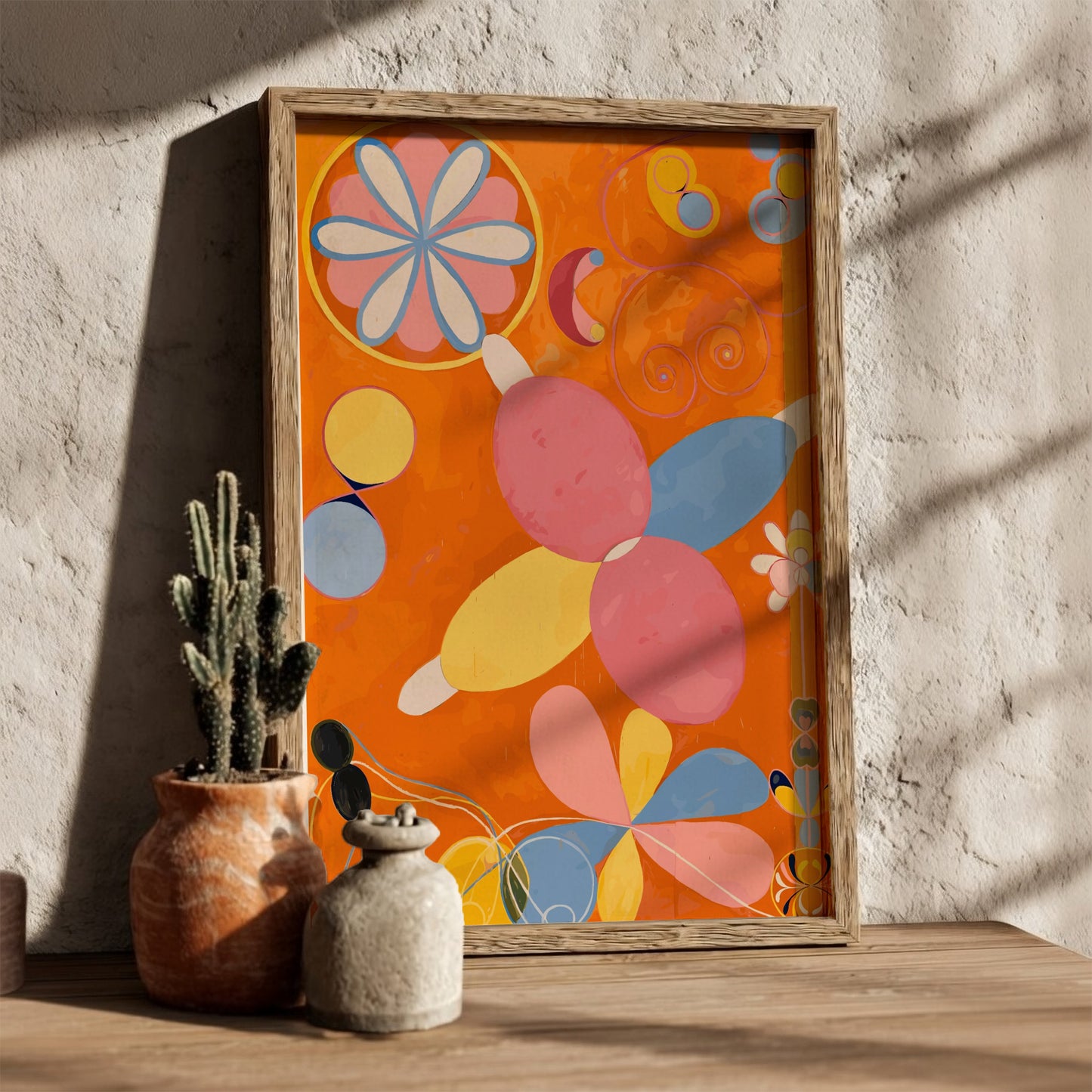 Poster of Hilma af Klint's "The Ten Largest, No. 4, Youth" featuring abstract organic shapes in pink, yellow,