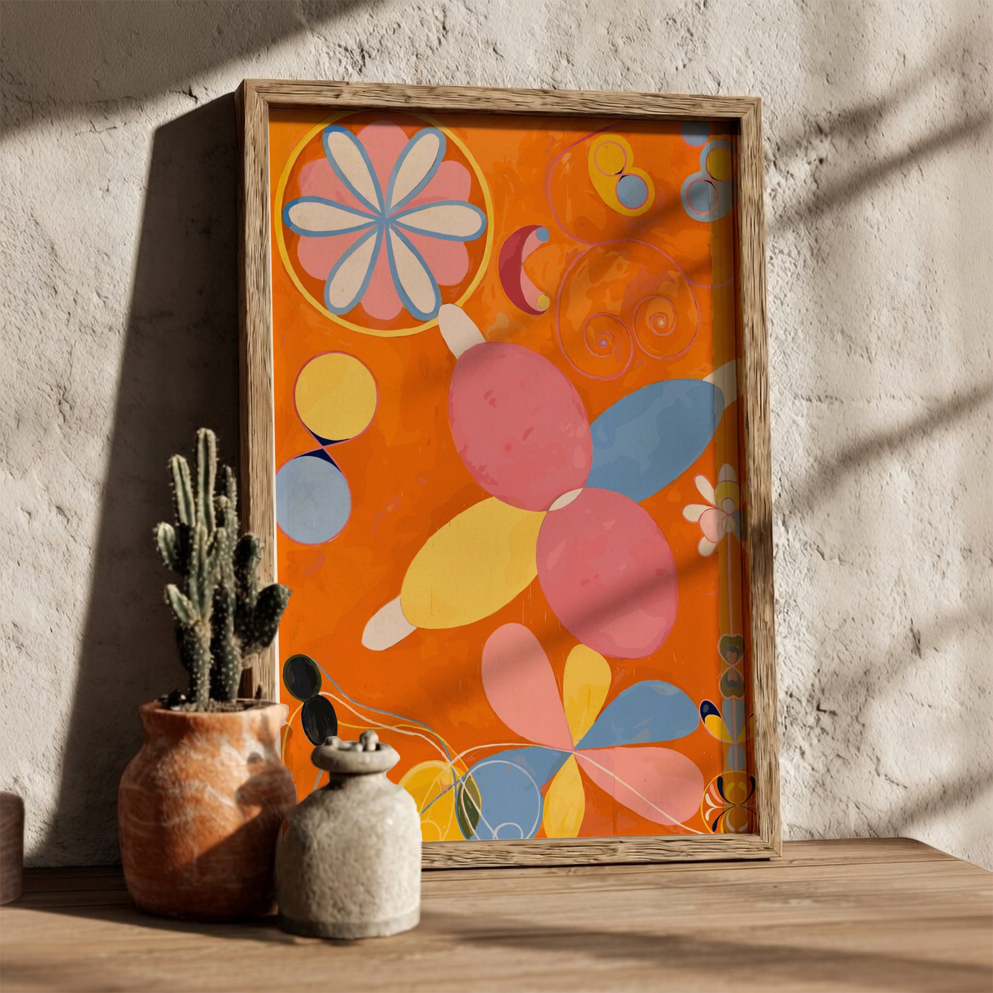 Poster of Hilma af Klint's "The Ten Largest, No. 4, Youth" featuring abstract organic shapes in pink, yellow,