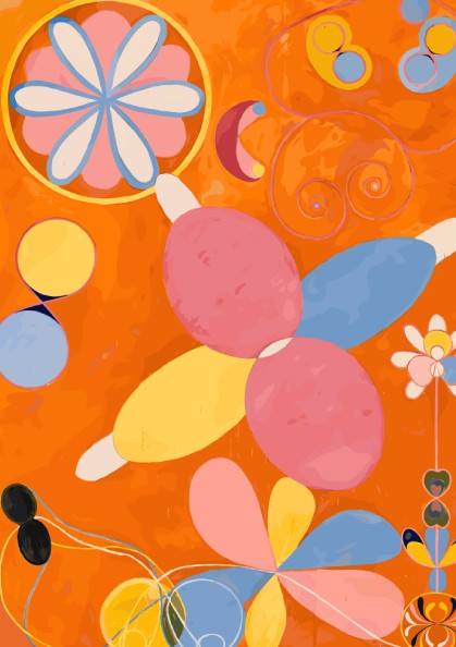 Poster of Hilma af Klint's "The Ten Largest, No. 4, Youth" featuring abstract organic shapes in pink, yellow,