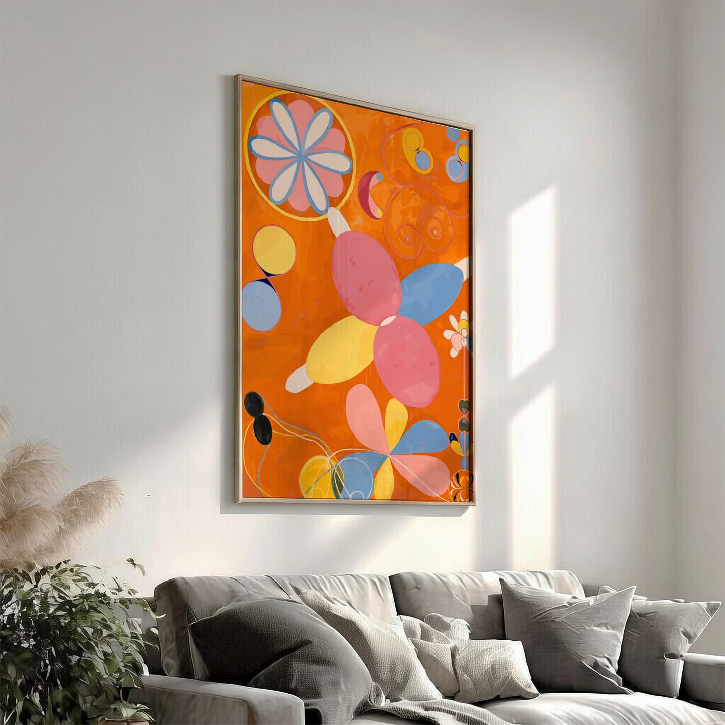 Poster of Hilma af Klint's "The Ten Largest, No. 4, Youth" featuring abstract organic shapes in pink, yellow,