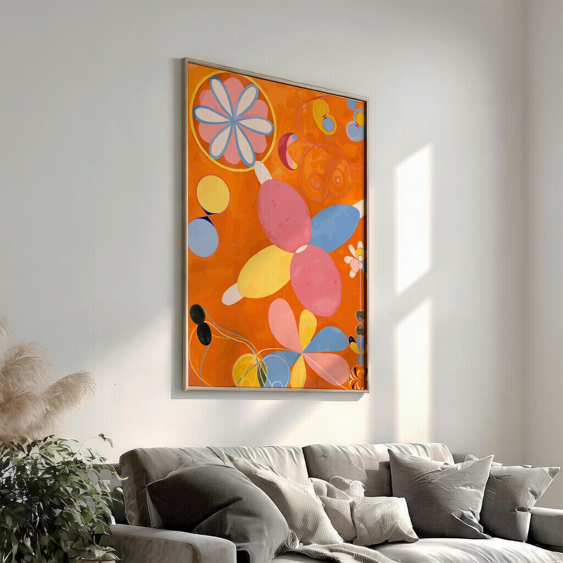 Poster of Hilma af Klint's "The Ten Largest, No. 4, Youth" featuring abstract organic shapes in pink, yellow,