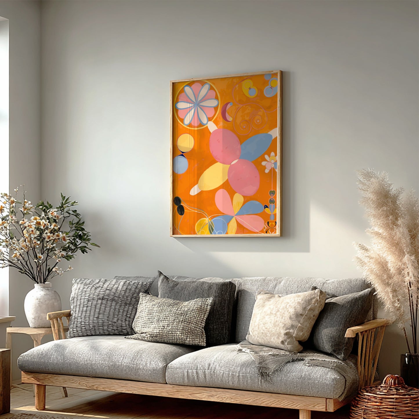 Poster of Hilma af Klint's "The Ten Largest, No. 4, Youth" featuring abstract organic shapes in pink, yellow,
