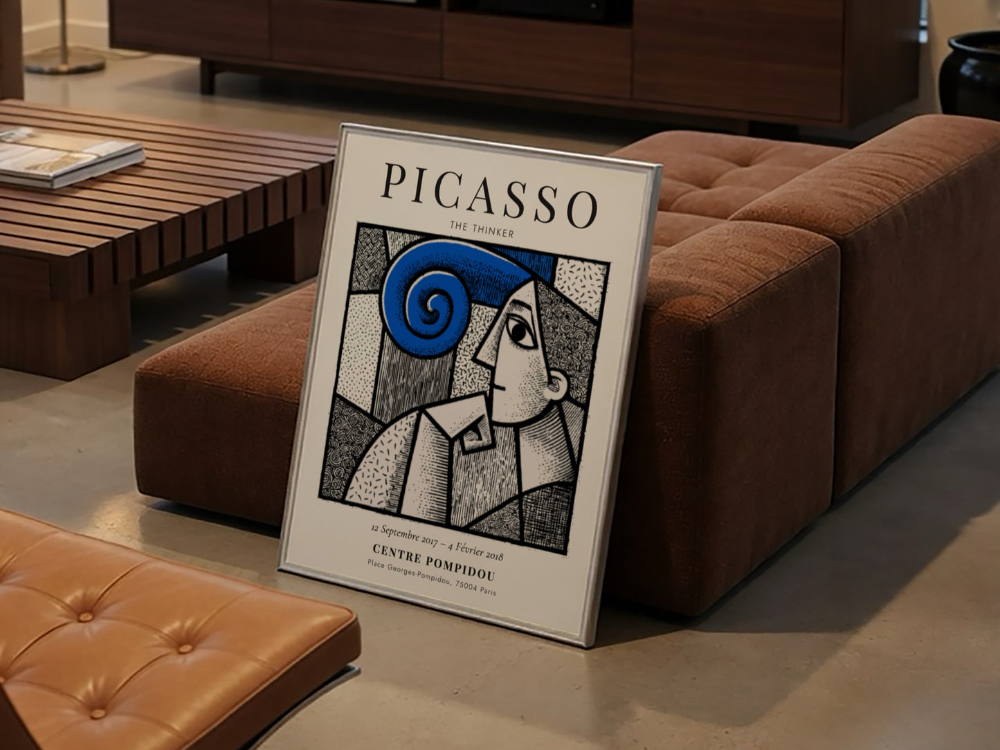 Picasso inspired poster featuring The Thinker with bold lines and swirling colors, perfect for wall decor.