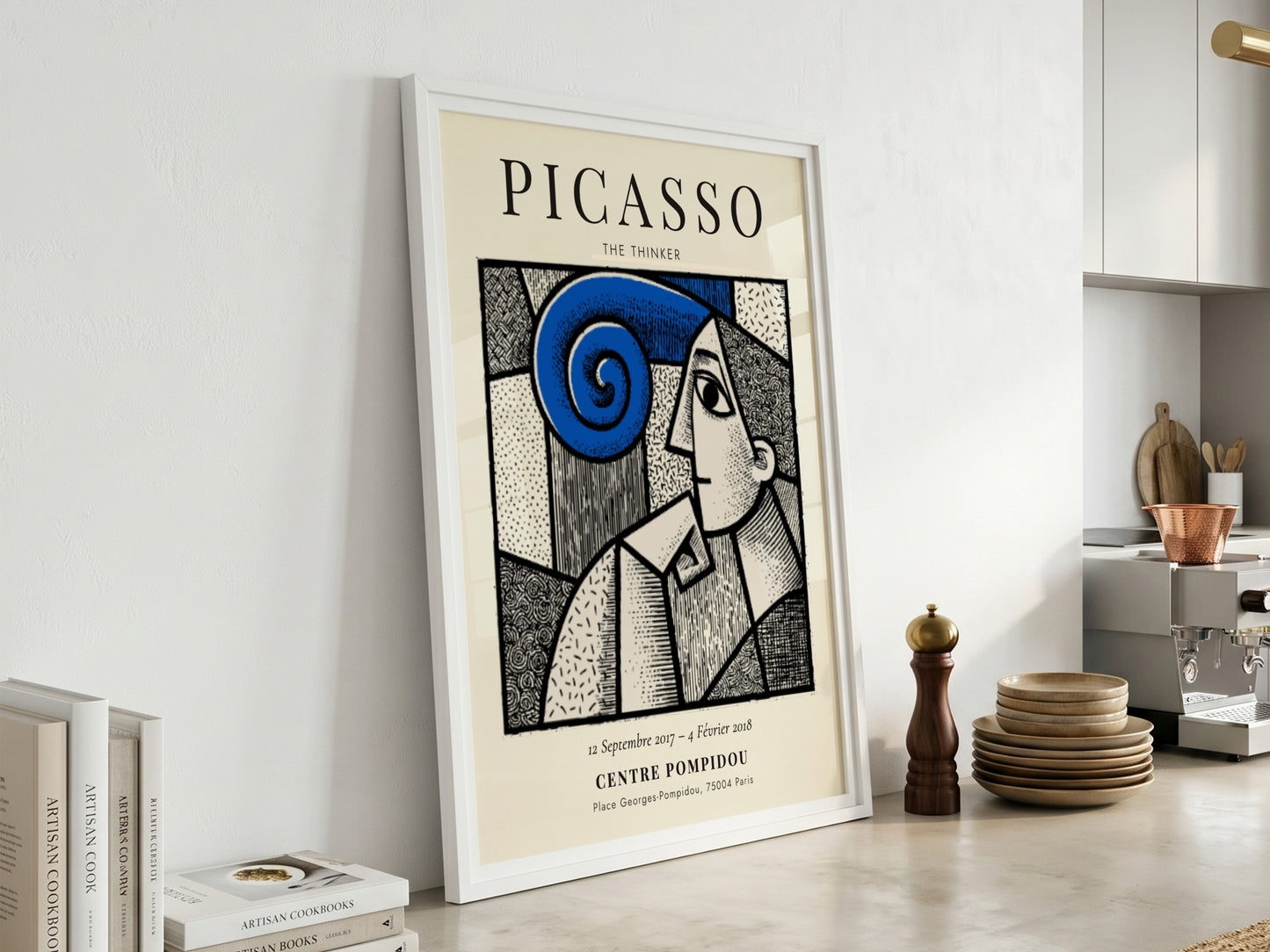 Picasso inspired poster featuring The Thinker with bold lines and swirling colors, perfect for wall decor.