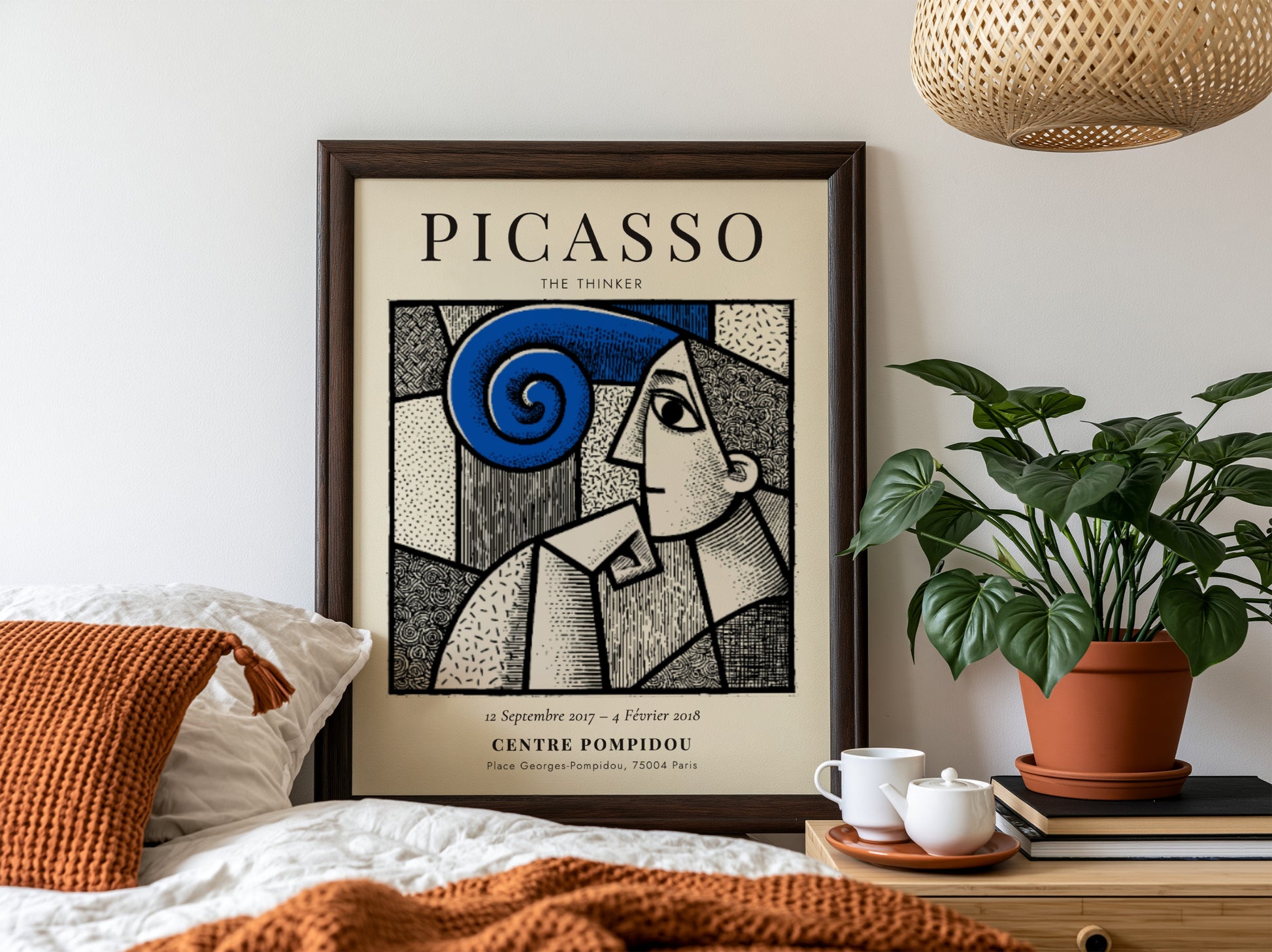 Picasso inspired poster featuring The Thinker with bold lines and swirling colors, perfect for wall decor.