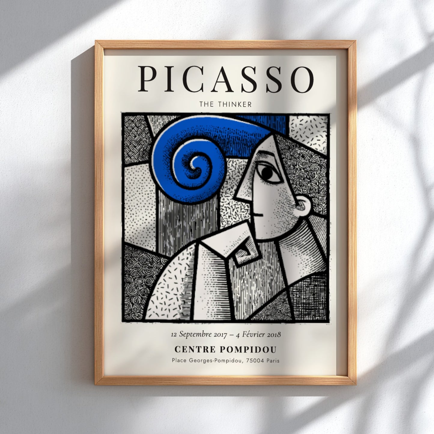 Picasso inspired poster featuring The Thinker with bold lines and swirling colors, perfect for wall decor.