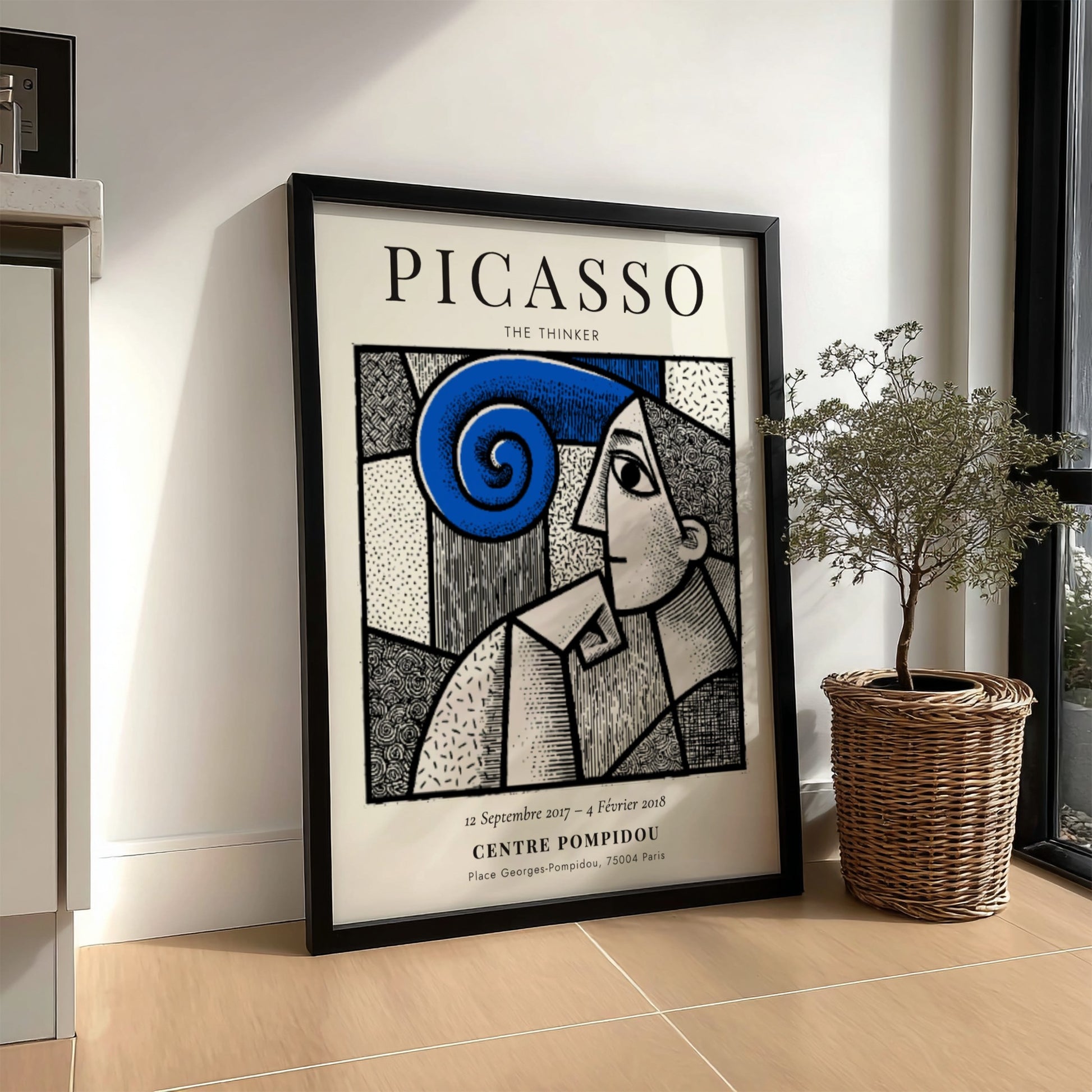 Picasso inspired poster featuring The Thinker with bold lines and swirling colors, perfect for wall decor.