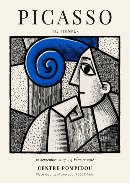 Picasso inspired poster featuring The Thinker with bold lines and swirling colors, perfect for wall decor.