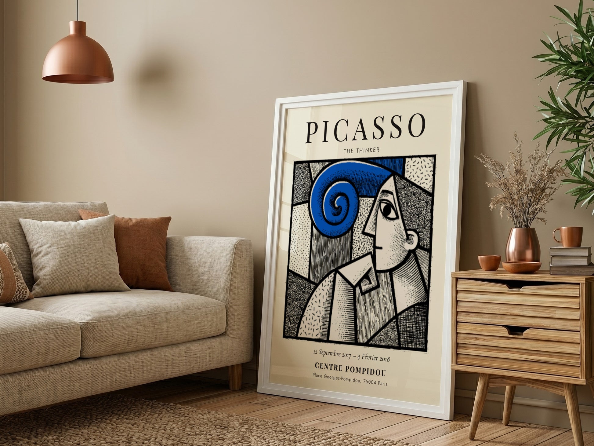 Picasso inspired poster featuring The Thinker with bold lines and swirling colors, perfect for wall decor.