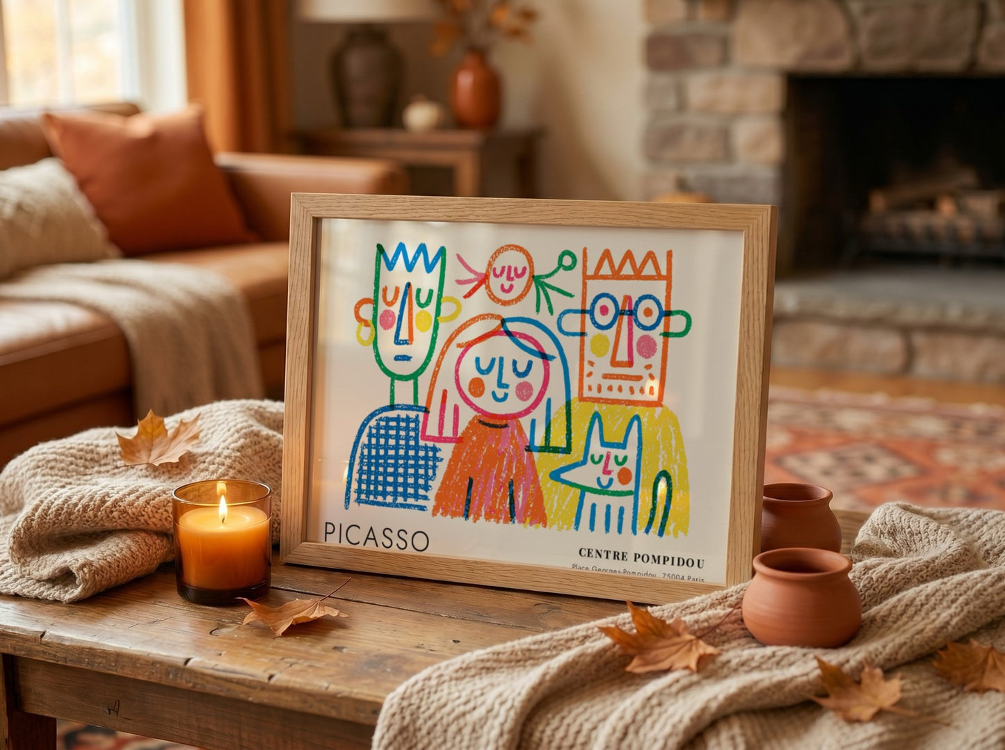 Pablo Picasso poster featuring The Thinker with colorful outlines and playful design