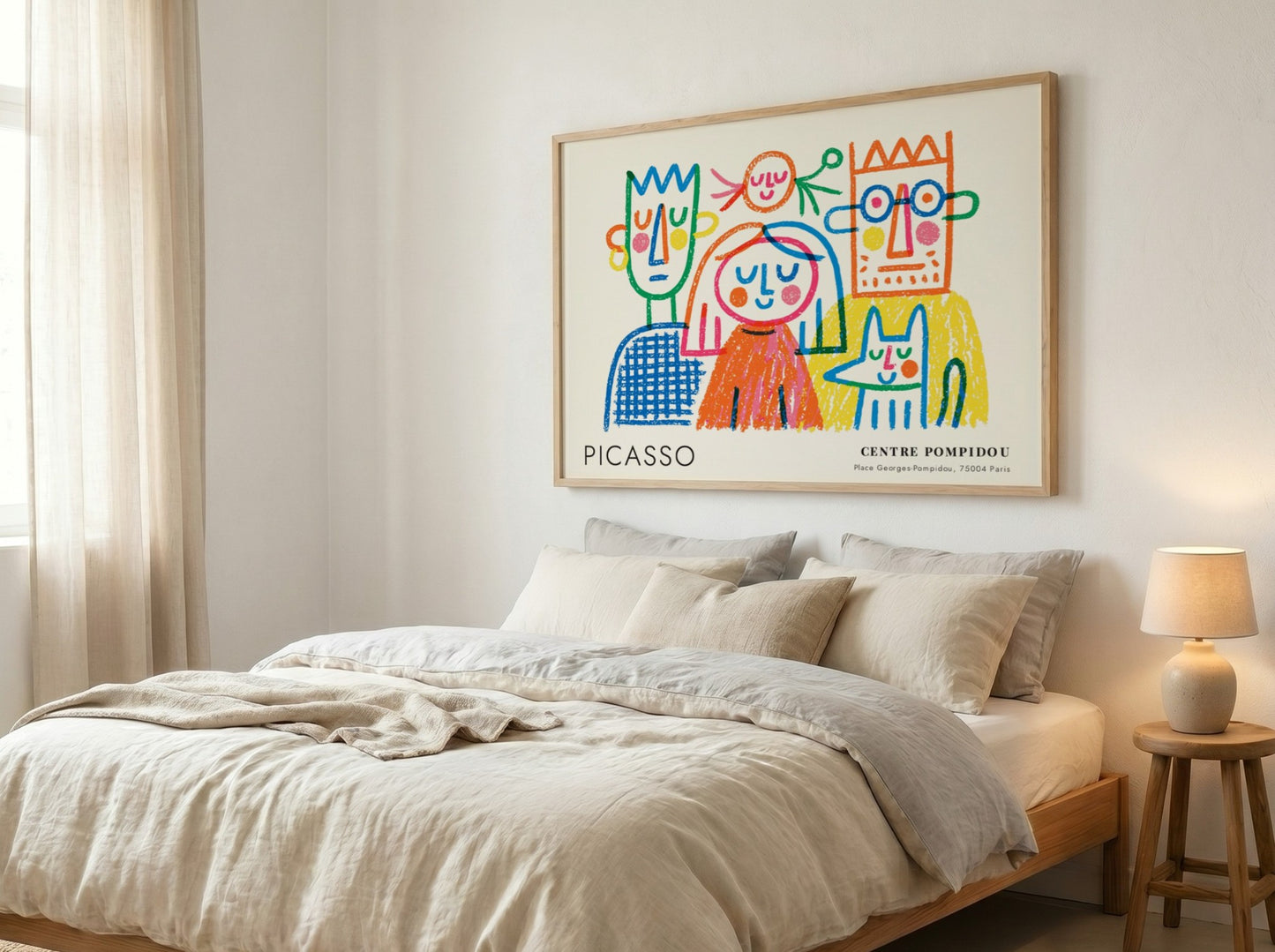 Wall art print featuring The Thinker by Pablo Picasso, colorful abstract figures in a playful style
