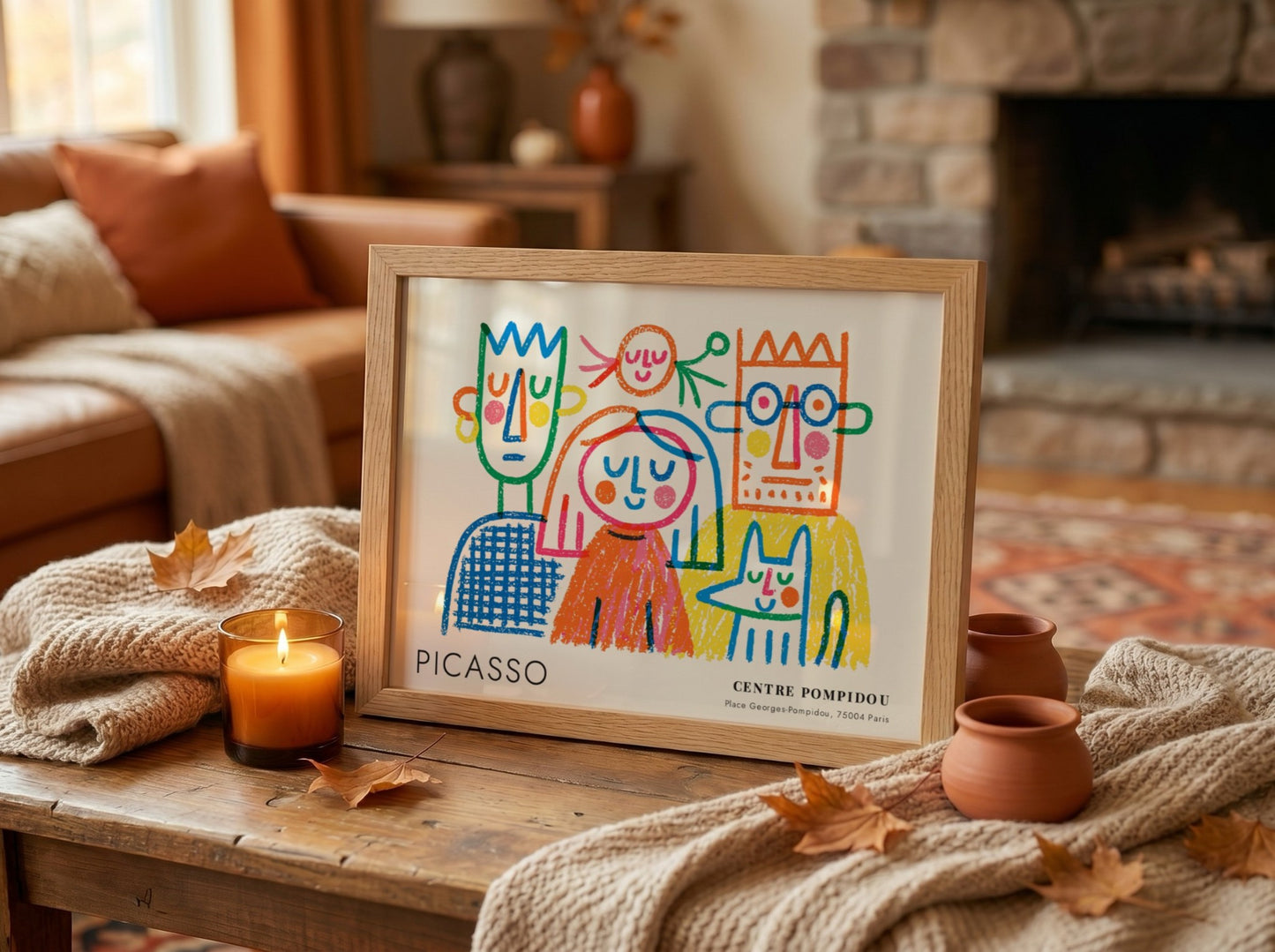 Wall art print featuring The Thinker by Pablo Picasso, colorful abstract figures in a playful style