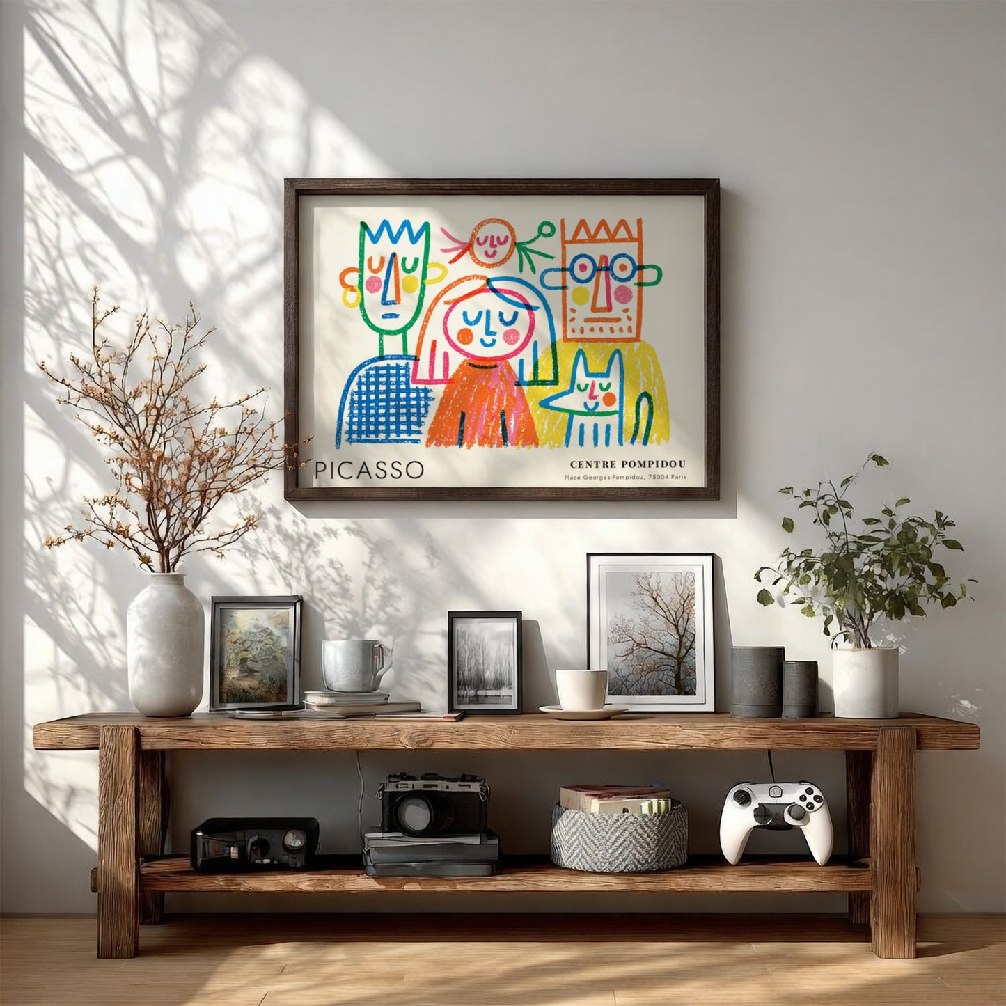Pablo Picasso poster featuring The Thinker with colorful outlines and playful design