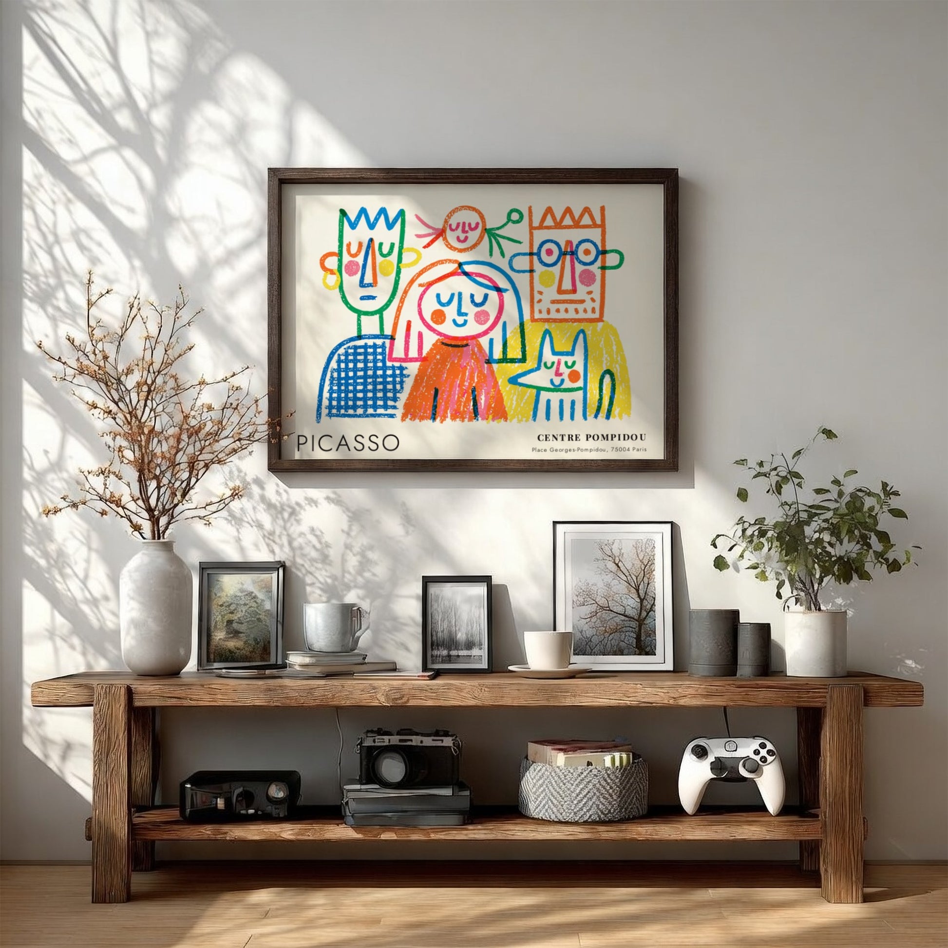 Pablo Picasso poster featuring The Thinker with colorful outlines and playful design
