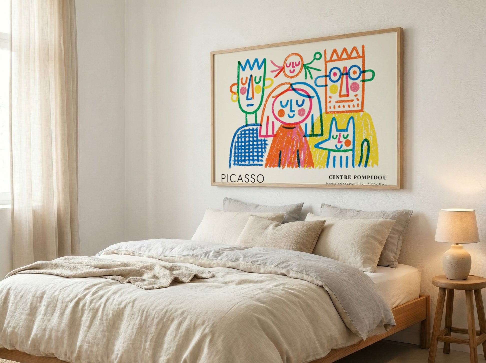 Pablo Picasso poster featuring The Thinker with colorful outlines and playful design