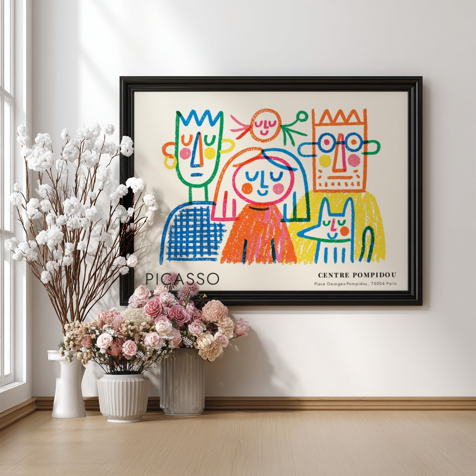 Pablo Picasso poster featuring The Thinker with colorful outlines and playful design