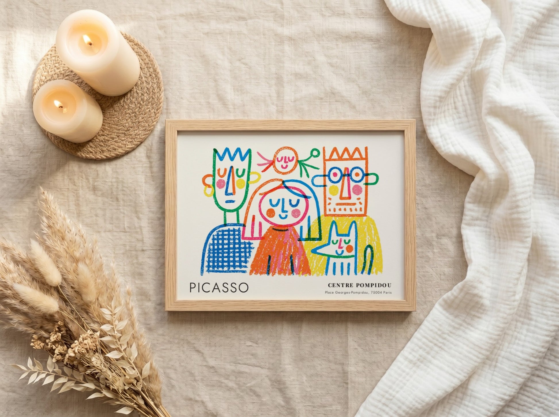 Wall art print featuring The Thinker by Pablo Picasso, colorful abstract figures in a playful style