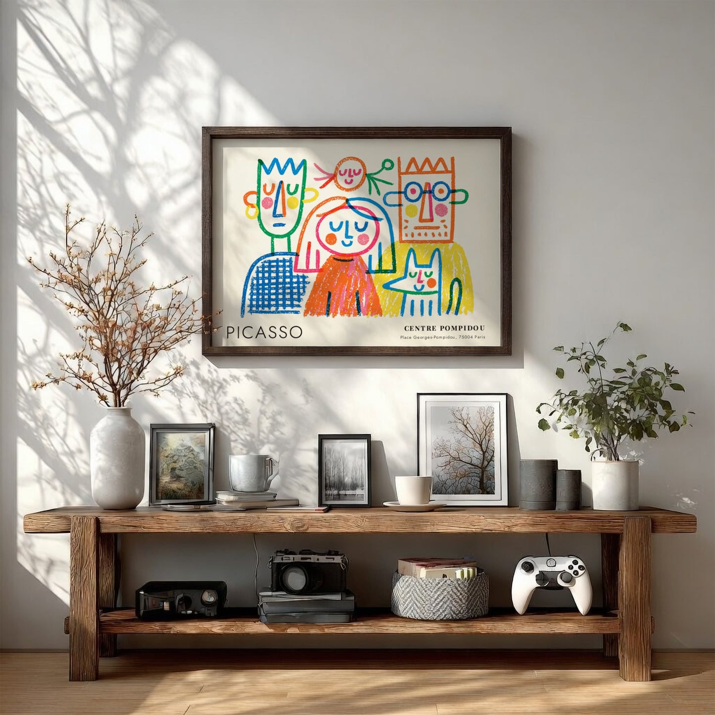 Wall art print featuring The Thinker by Pablo Picasso, colorful abstract figures in a playful style