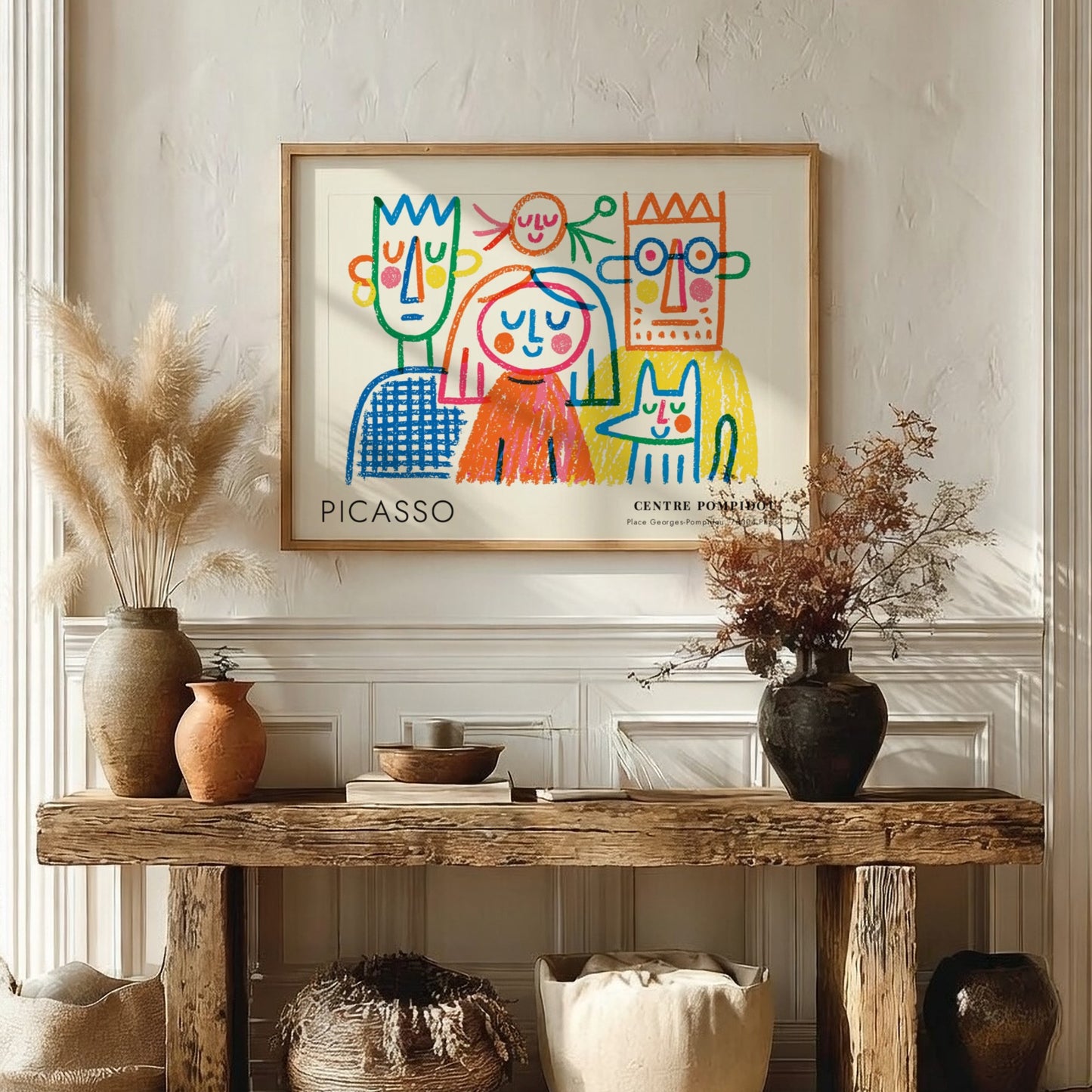 Wall art print featuring The Thinker by Pablo Picasso, colorful abstract figures in a playful style