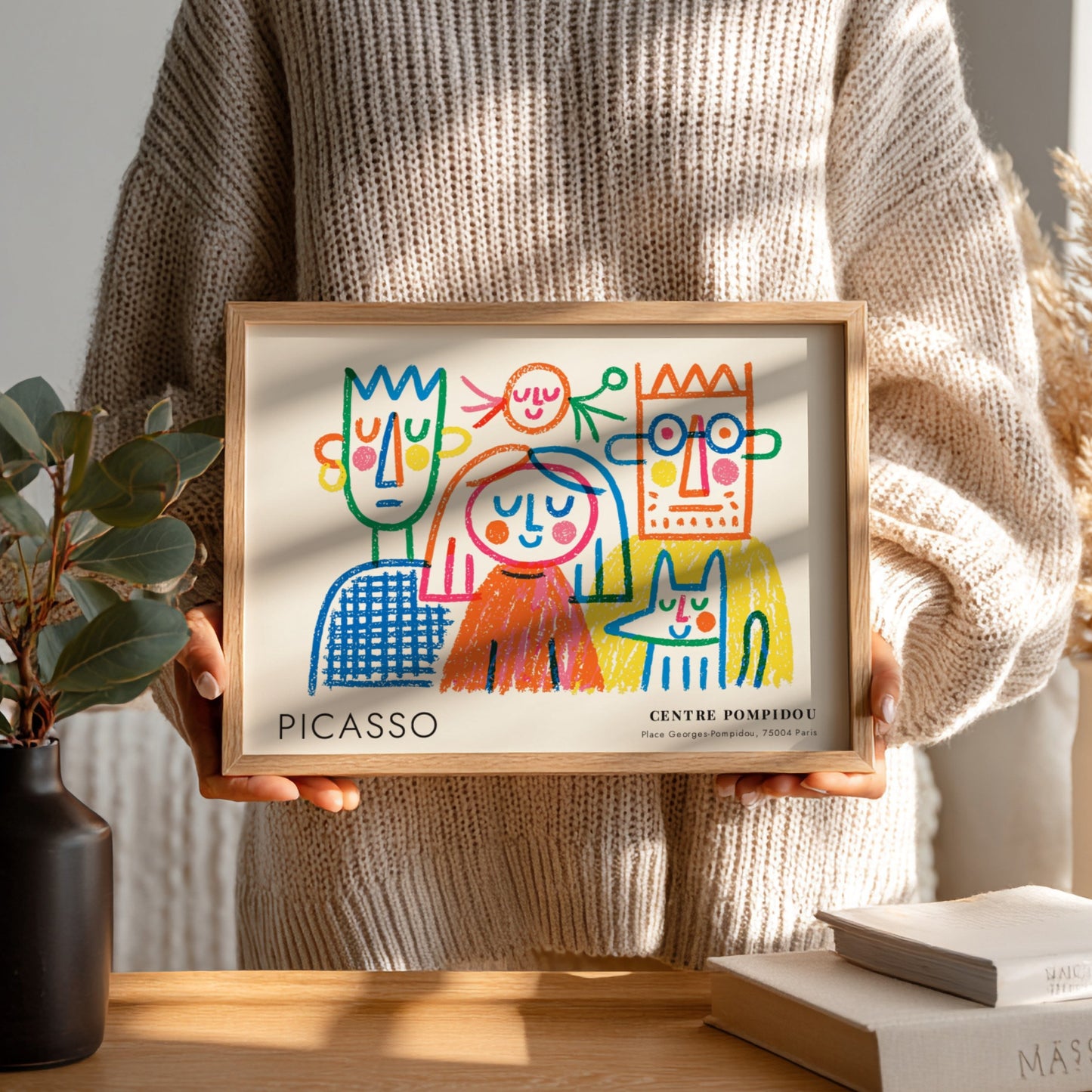 Wall art print featuring The Thinker by Pablo Picasso, colorful abstract figures in a playful style