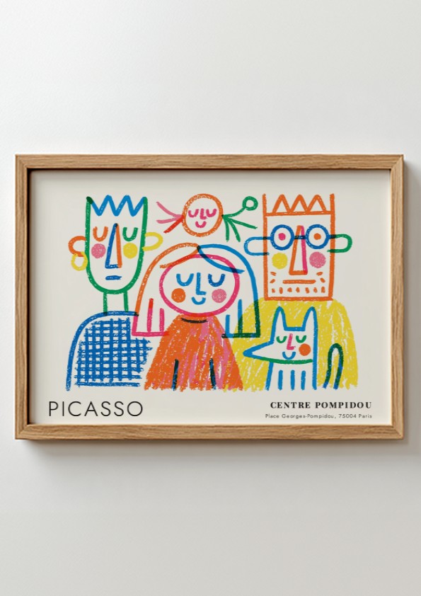 Wall art print featuring The Thinker by Pablo Picasso, colorful abstract figures in a playful style