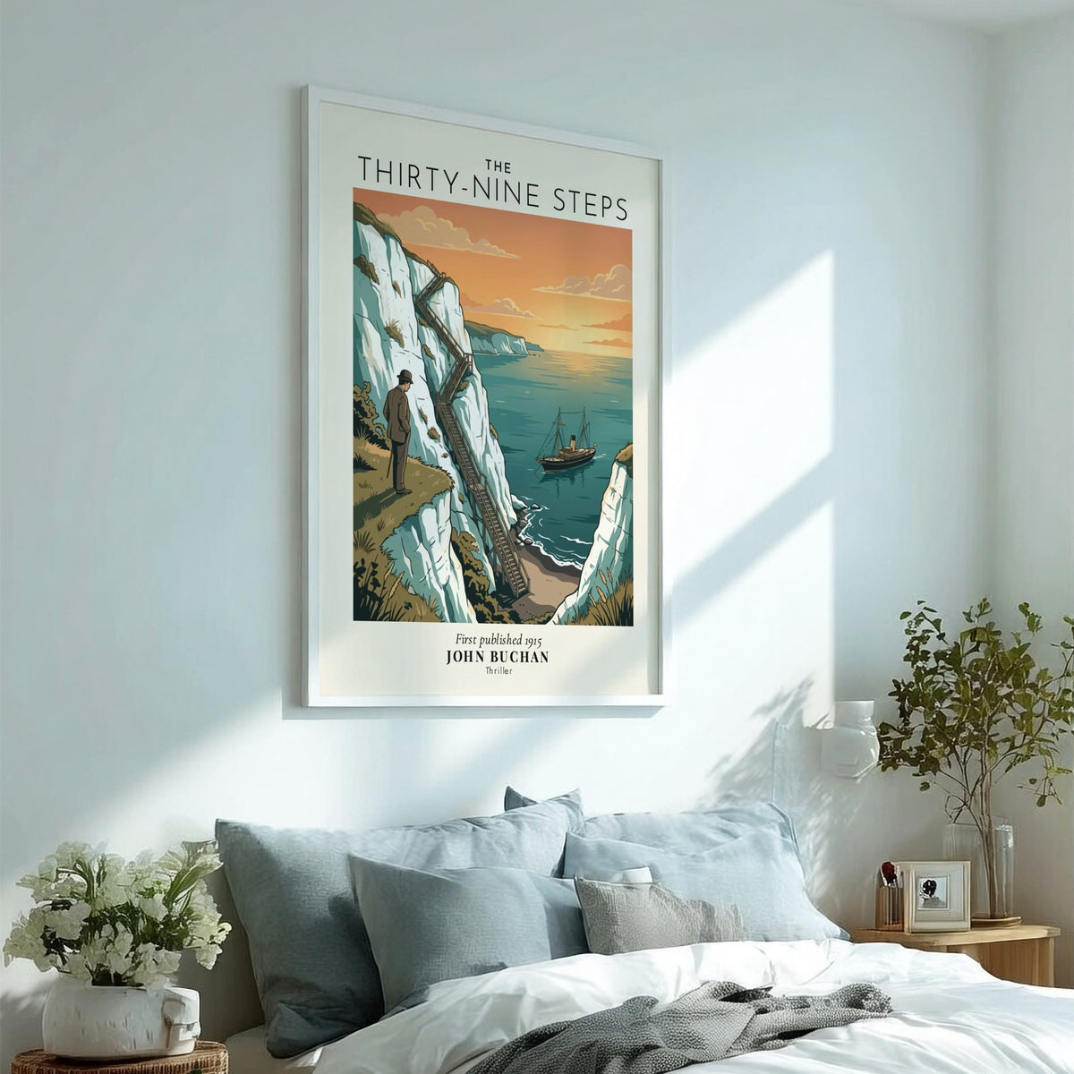 Poster featuring a man standing on white cliffs overlooking a steamship at sunset.