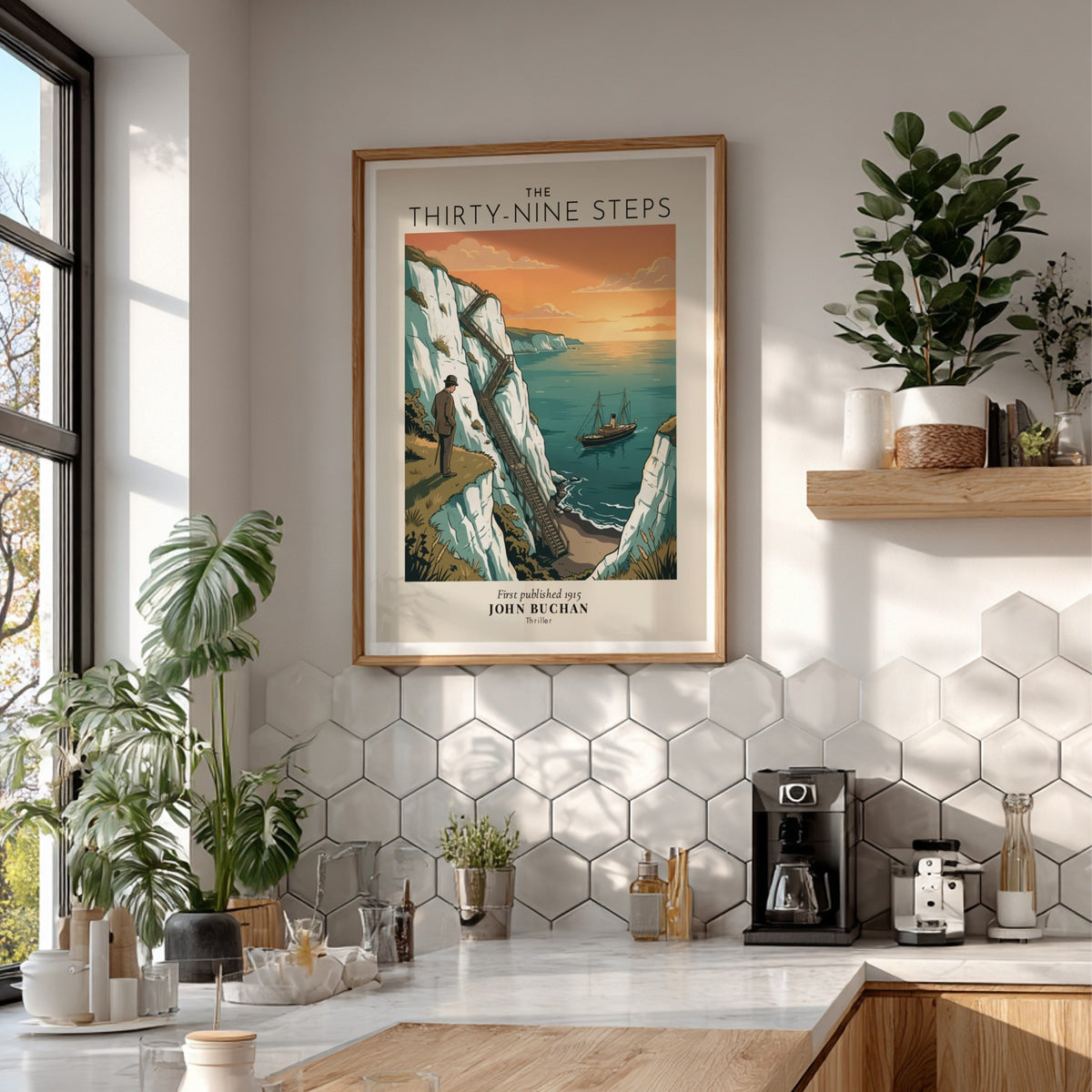 Poster featuring a man standing on white cliffs overlooking a steamship at sunset.