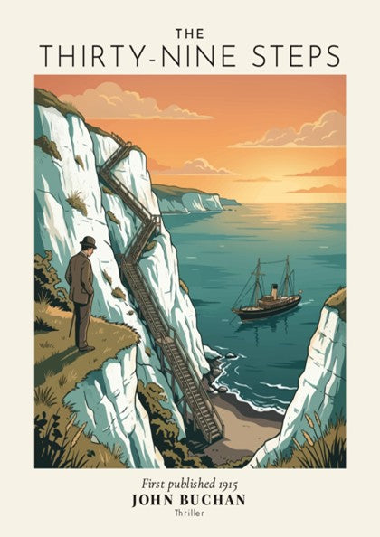 Poster featuring a man standing on white cliffs overlooking a steamship at sunset.