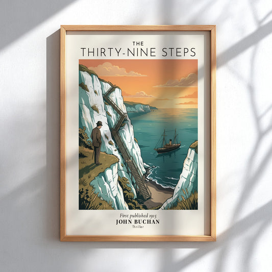 Poster featuring a man standing on white cliffs overlooking a steamship at sunset.