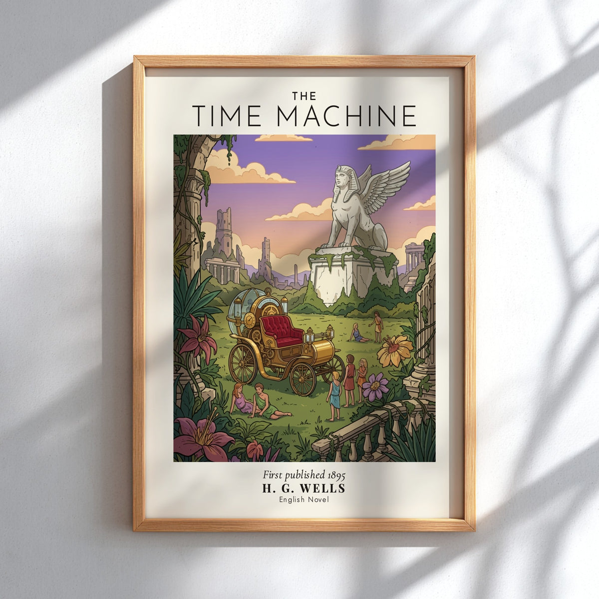 Poster featuring H. G. Wells The Time Machine with a golden vehicle and sphinx.