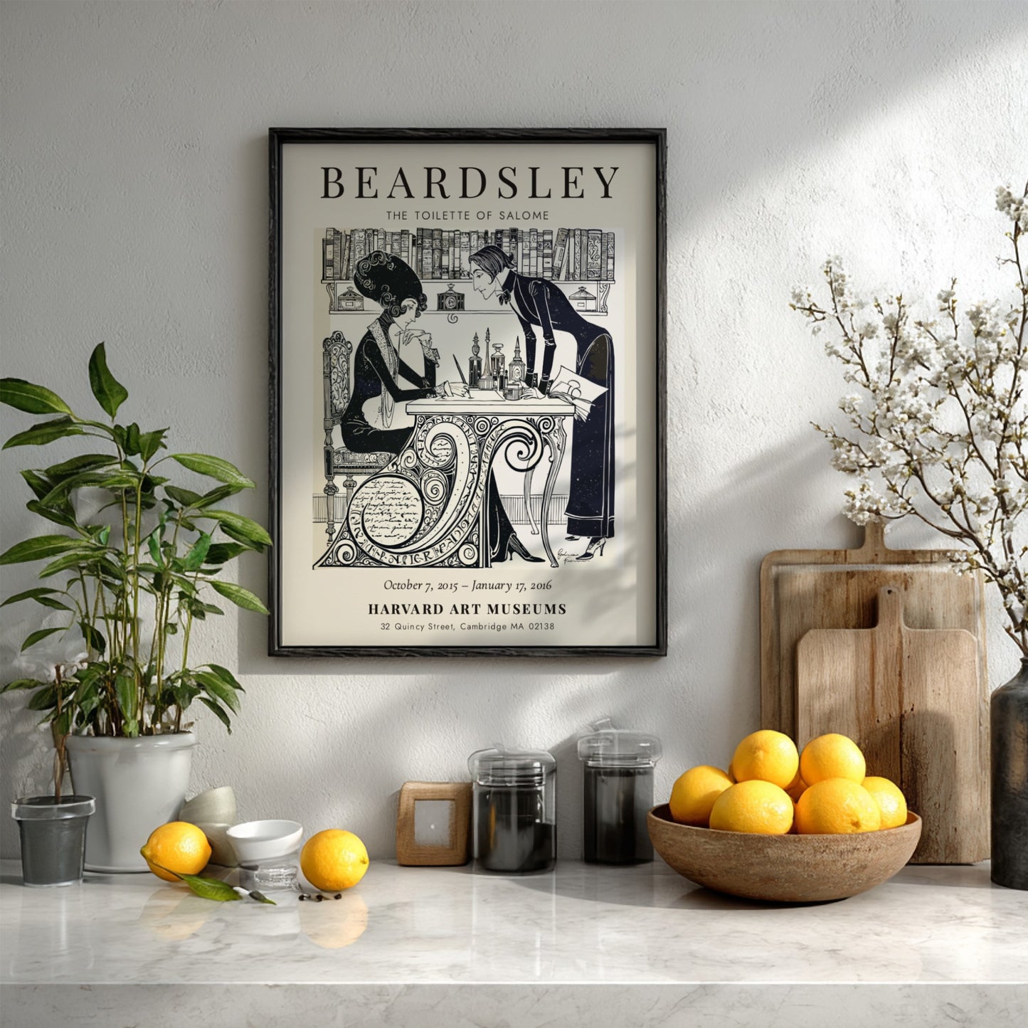 Aubrey Beardsley poster featuring The Toilette of Salome with intricate black and white design elements